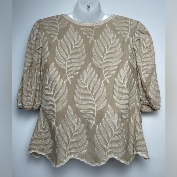Solitaire Khaki Embroidered Top Fern Pattern Stitching Puff Sleeves Women M/L - Picture 3 of 8